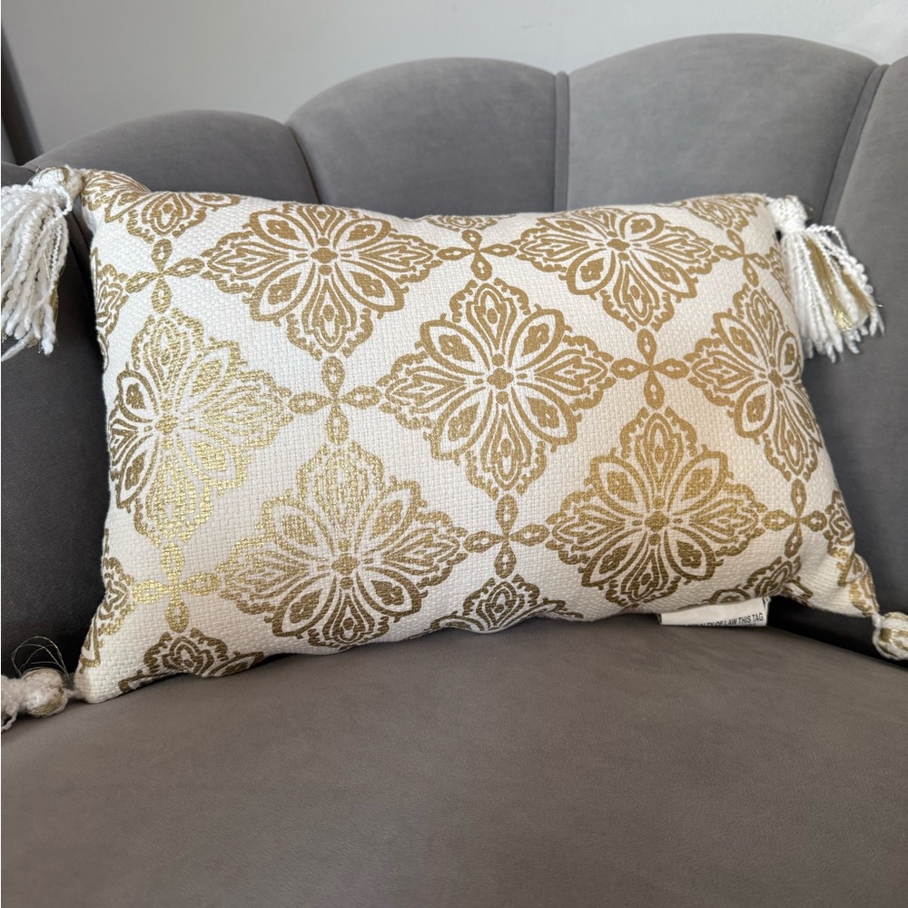 Gold, Cream, Grey Decorative Pillow with Tassels